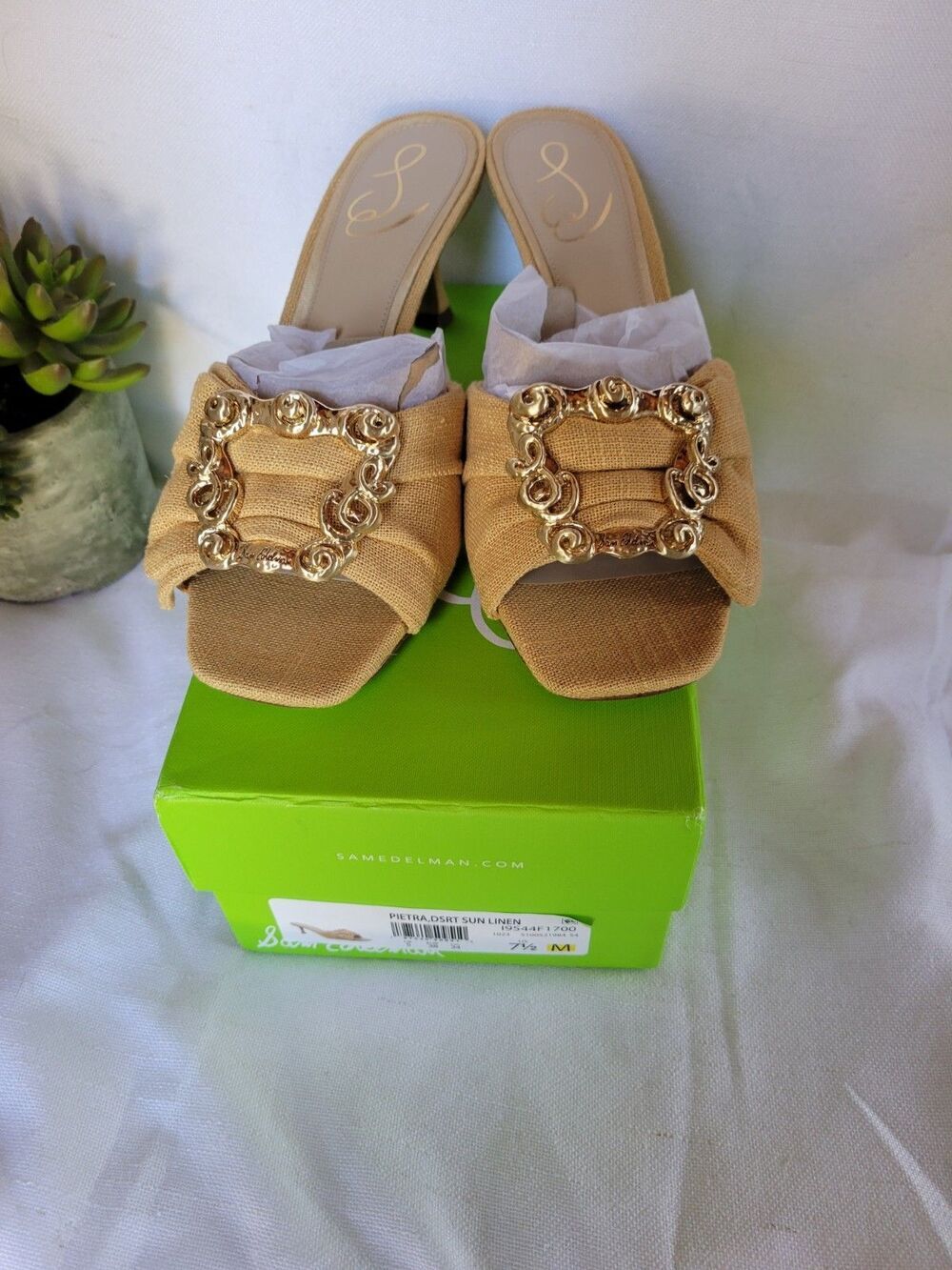 San Edelman Women's Pietra Dsrt Sun Linen Kitten-Heel sandals Size 7.5 Yellow - Picture 6 of 9